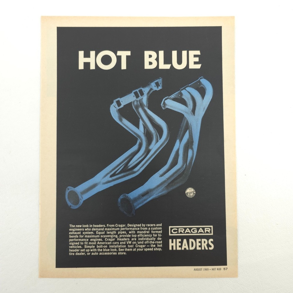 VTG Cragar Headers Advertising Print Ad Promo Art Hot Blue Exhaust Garage Decor